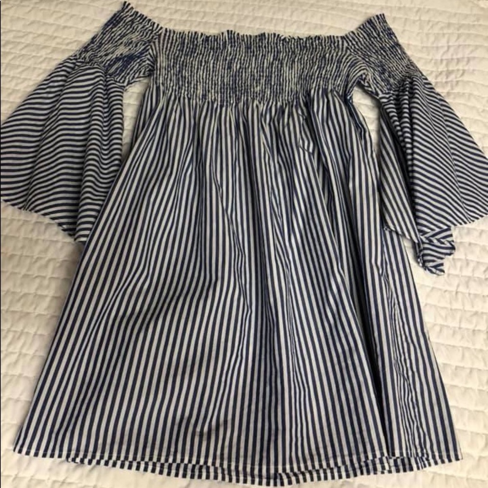 Zara Strapless White and Blue Striped Dress